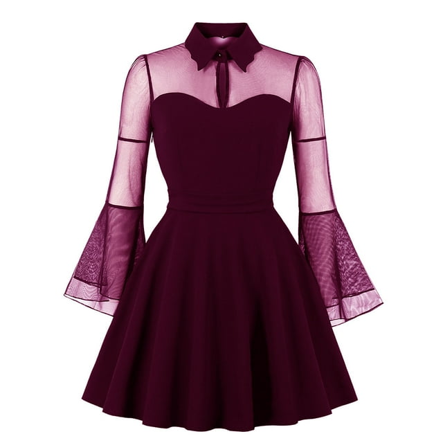 CEHVOM Women Halloween Gothic Long Sleeve Solid Color Punk Vintage Party Dress