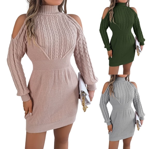 Women's Sweater Dress Knit Dress Off Shoulder Mock Neck Cable Knit Puff Sleeve Bodycon Winter Dress for Casual Party,Army Green,L
