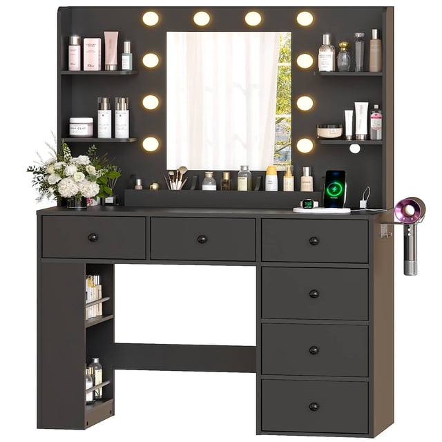 Ktaxon Lighted Makeup Vanity with 6 Drawers, Get Ready with Me Vanity Table Set w/ Charging Station, Side Rack, Black