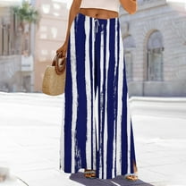 Aobny Gaucho Pants Baggy Women Blue Striped Pants Culottes Full High Waisted Plus Size Womens Pants