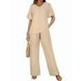 thumbnail image 3 of Womens V Neck Two Piece Set Short Sleeve Top and Casual Long Pants Fashion Slimming Outfit Khaki L, 3 of 7