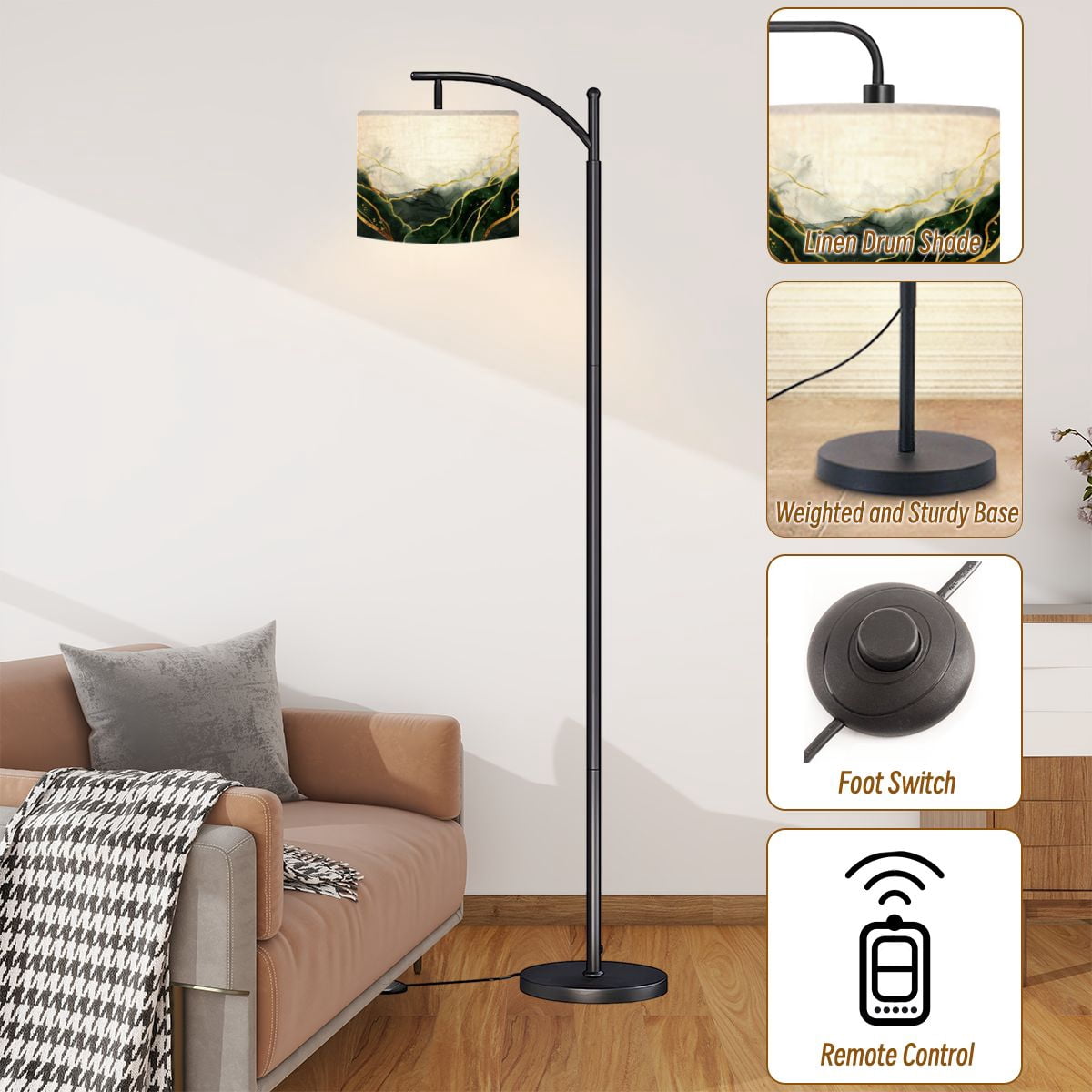 Arc Floor Lamps Watercolor drawn by brush Green paints spilled paper Golden shiny Modern LED Adjustable Lampshade Standing Light for Living Room Reading Bedroom Office