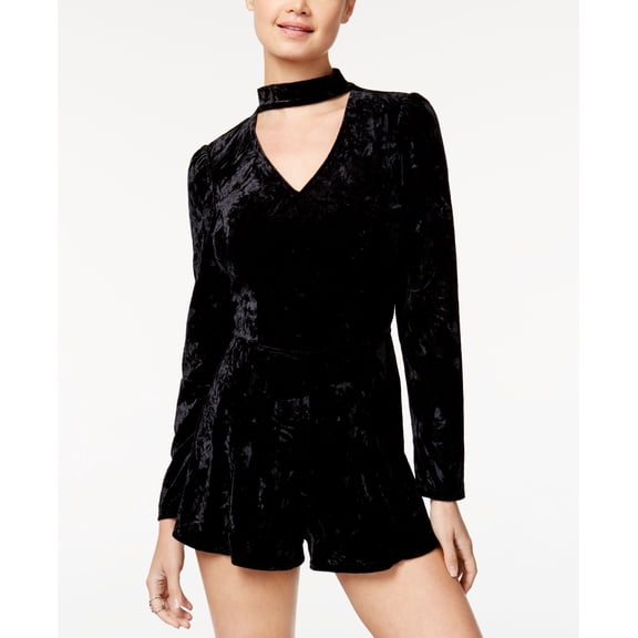 Be Bop Juniors Crushed Velvet Choker Romper Solid Black M