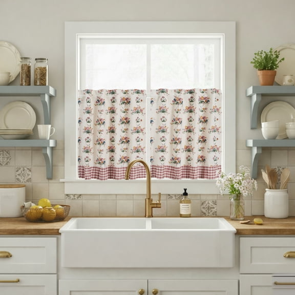 VHC Brands Rosehill Cottage Floral & Gingham Ruffled Cotton Tier Set - 24x36 Dusty Rose & Natural Cafe Curtain