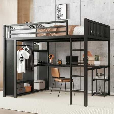 Queen Size Loft Bed Frame with Storage Wardrobe and Desk – Perfect for Apartments & Small Bedrooms