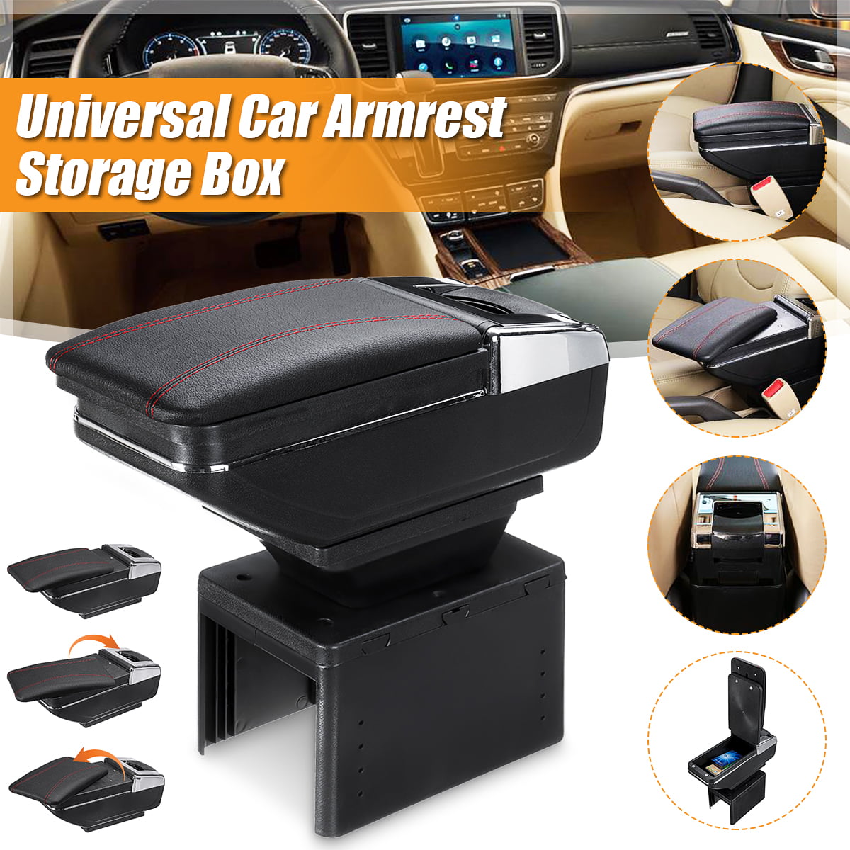 SUV Beige Car Self-Adhesive Car Door Armrest Plus Storage Box,Waterproof PU Leather Car Armrest Seat Box Cover for Most Vehicle Truck
