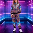 thumbnail image 4 of yboeqw Unisex 80s Retro Shiny Color Block Tracksuit Full Zip Stand Collar Jacket and Cuffed Jogger Pants Vintage Disco Couple Theme Party Costume Outfit, 4 of 9