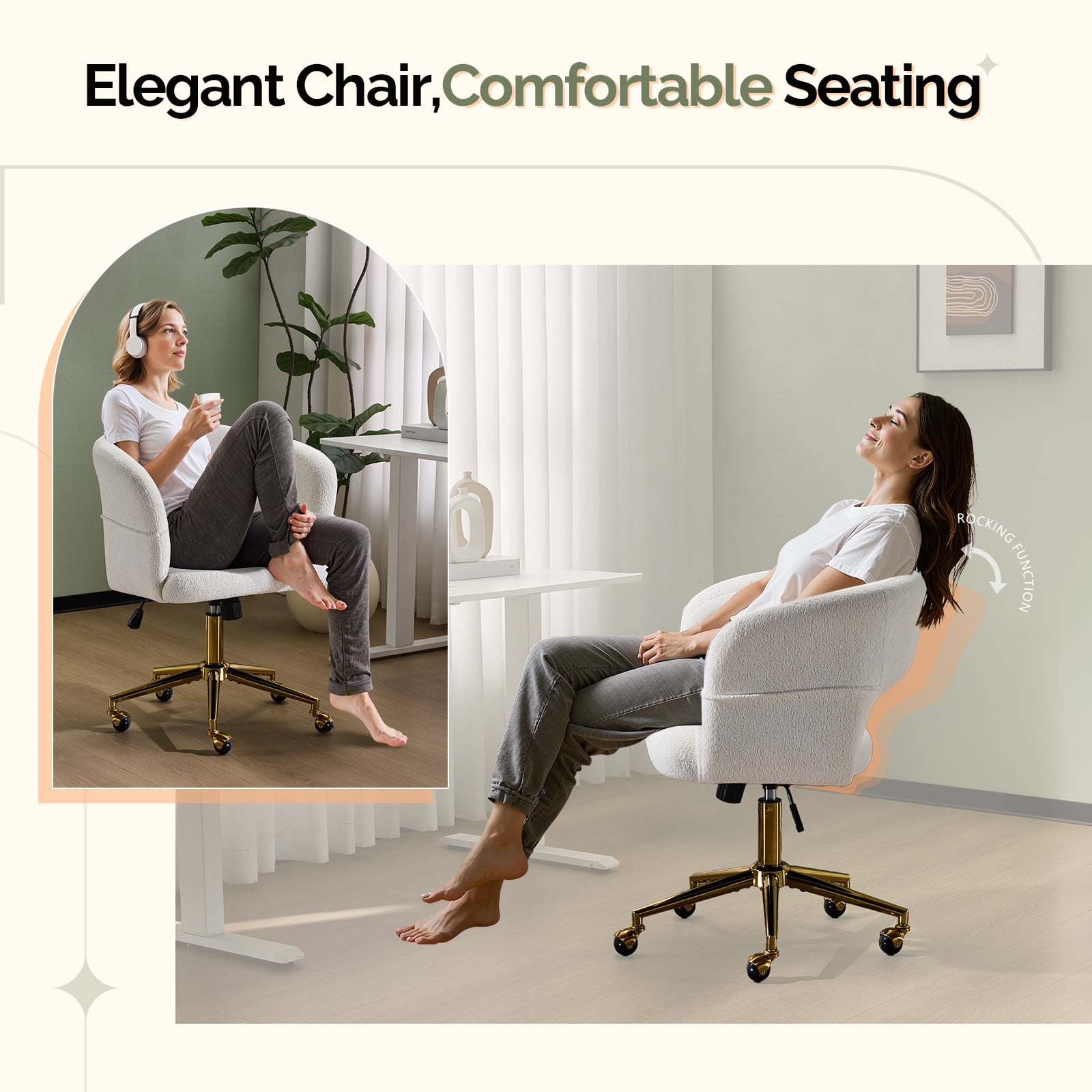 UBesGoo Modern Swivel Accent Chair, Flannel Makeup Vanity Chair, Highly Adjustable Desk Chair for Living Room Dorm Office, White