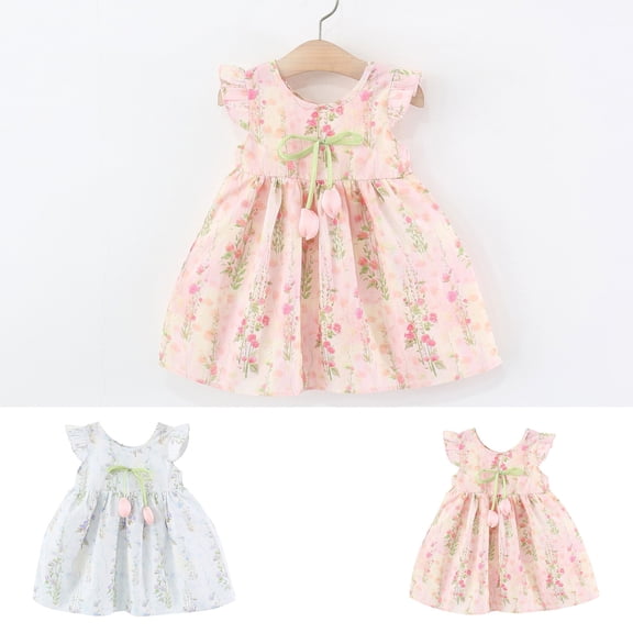 YHAJDS Baby Girls Short Sleeve Dress Floral Print Ruffle Hem Princess for 6 Months-4 Years