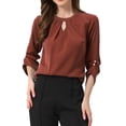 thumbnail image 1 of CURVOSPORT Camisa Elegante para Mujeres Top de Oficina con Abertura Clave Plisado Frontal Arrugado de Manga 3/4 Blusa de Chifón M Marrón Rojo, 1 of 6