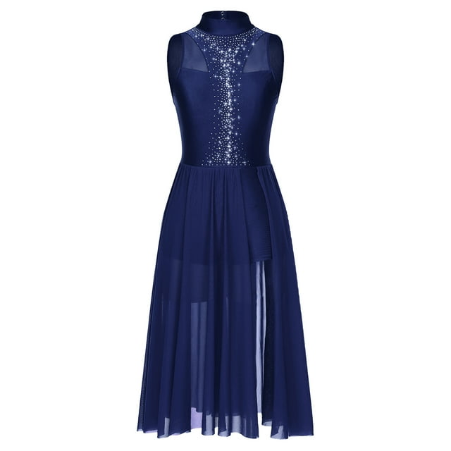 inlzdz Robe de Danse Femme Brillante avec Strass Sans Manches Costume de Performance de Danse Dos Trou de Serrure Robe Maxi Bleu Marine m