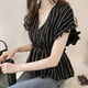 thumbnail image 4 of Camisa de mujer Cuello en V Manga corta Blusa de rayas con volantes Top casual, Negro, XXL Noticed AP001462-10, 4 of 7