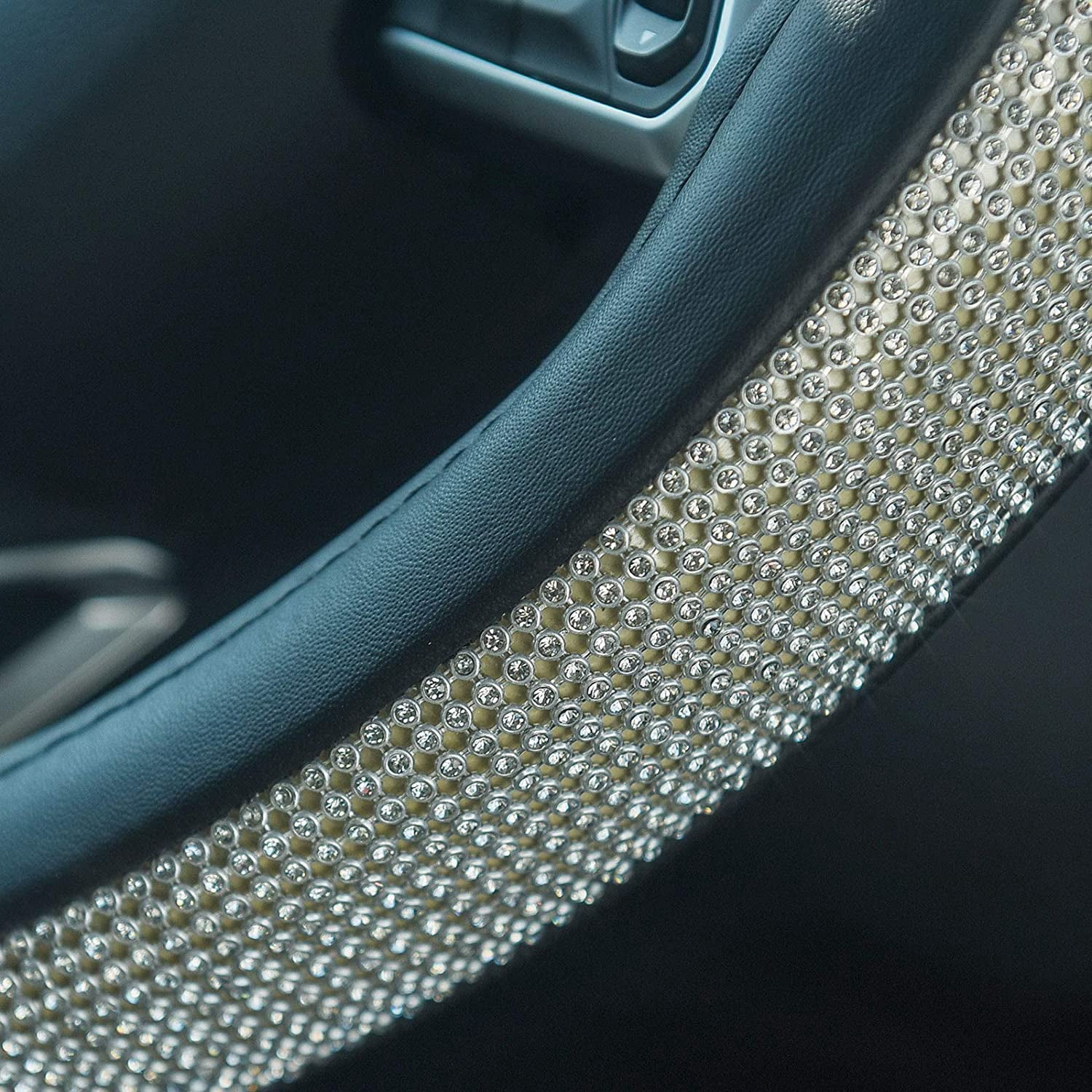 General D Sharp Diamond Leather Steering Wheel Cover with Bling Bling Crystal Rhinestones, Universal Fit 15 Inch Car Wheel Protector for Women Girls,Black
