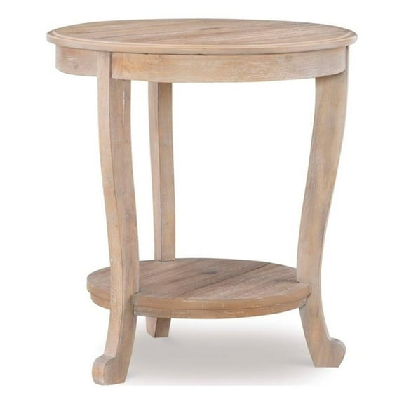 Maklaine 22" Round Wood Side Table with Shelf in Natural Brown