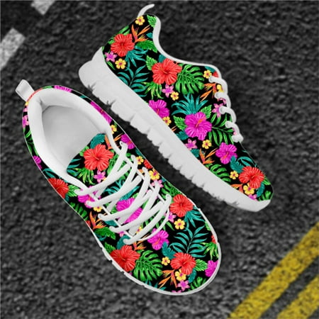 

WHEREISART Tropical Plant Red Hibiscus Fashion Women s Shoes Casual Sneakers Autumn Female Lace-up Mesh Walking Shoes for