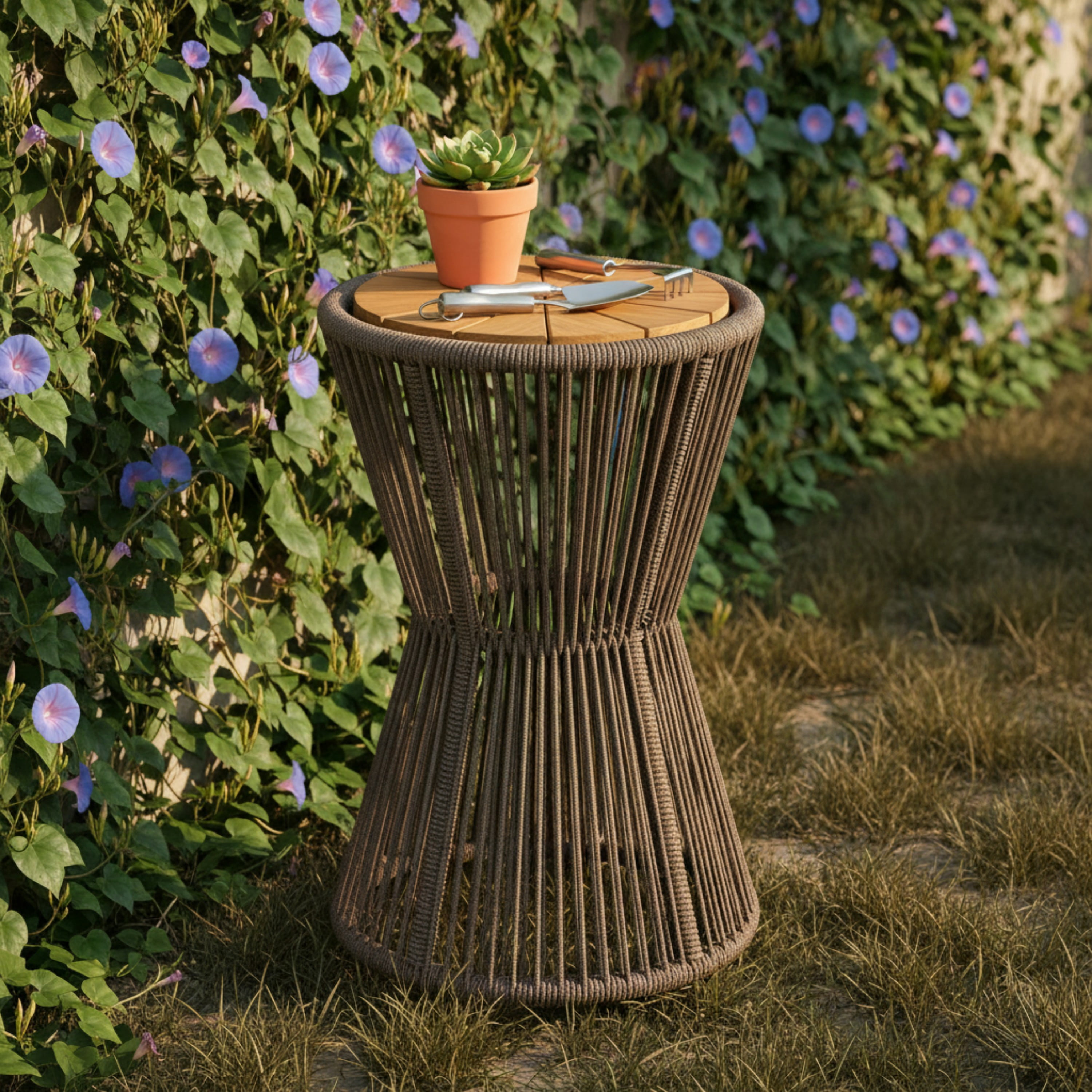 Side Table, Outdoor Dark Grey Rope and Acacia Wood Hourglass Design Table for Patio Deck, Teak