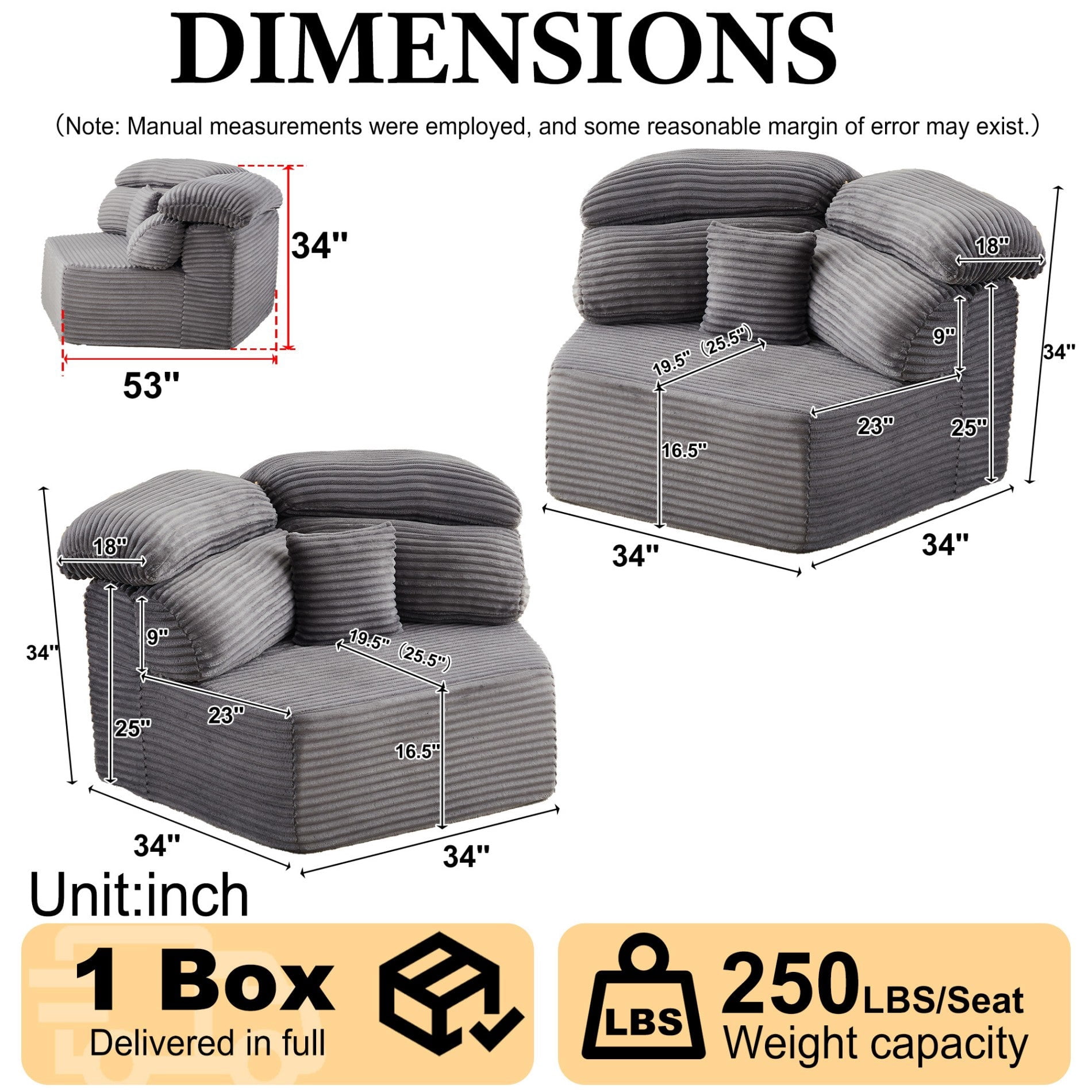 Sailvan 2PCS 53" Modern Corduroy Modular Lounge Chair, Pentagonal Seater Cloud Sofa with 6 Enveloping Pillows for Living Room Grey