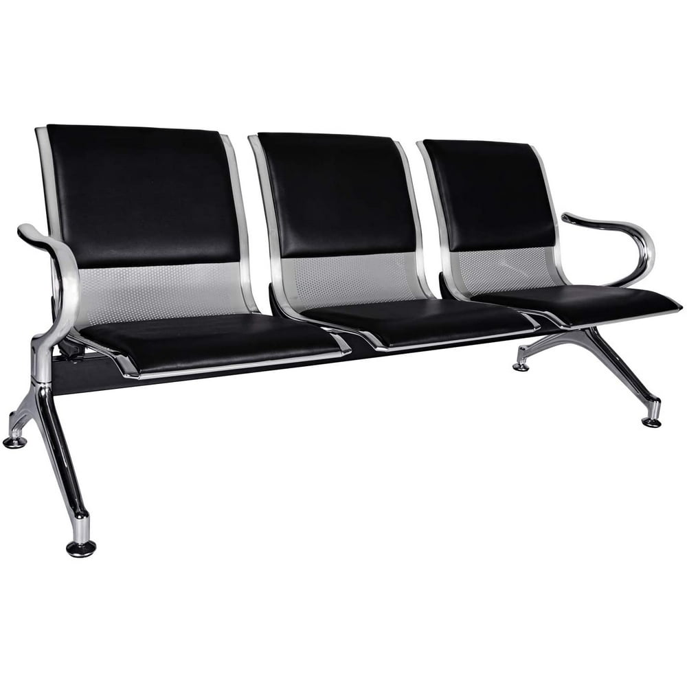 Kinbor PU Leather 3Seat Reception Bench Waiting Room Chair Black Steel