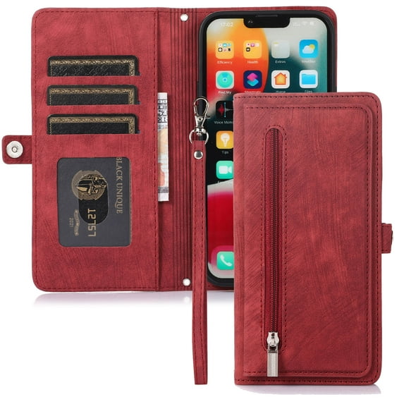 Flip Case Cover for Samsung Galaxy A22 5G Case, Multi-Card Zipper Wallet Phone Case Leather Folio Flip Wallet Magnetic Wallet Case Phone Cover Case for Samsung Galaxy A22 5G Phone Back Cover,Red