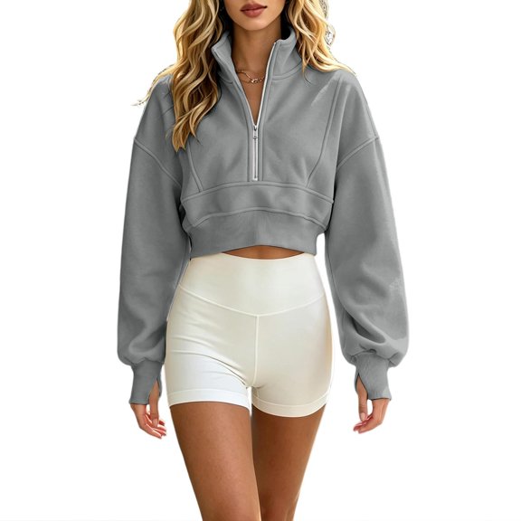 Gytharion Women's Plus Size Cropped Half-zip Sweatshirts Stand Collar Solid Color Soft Cozy Fashion Athleisure Pullover Tops Comfortable Basic Pullover Sweatshirts