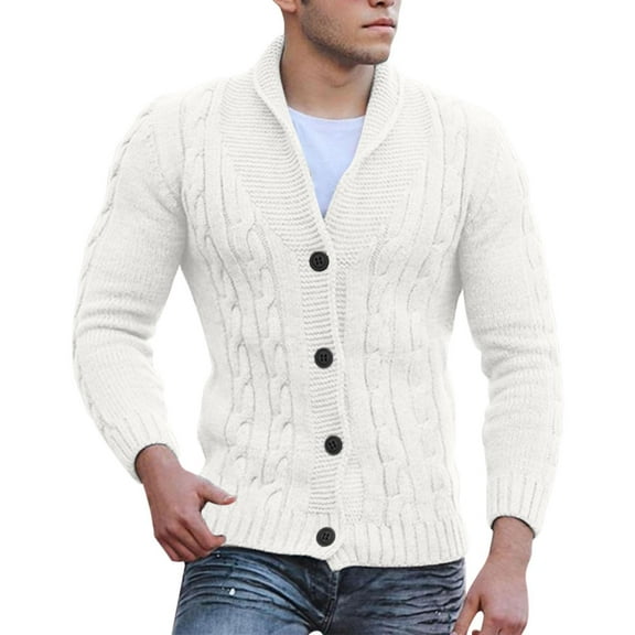 JTieacloth Men's Knit Pullover Sweater Mens Ca Ble Knit Cardigan Sweater Shawl Loose Fit Long Sleeve Casual Cardigans(White)