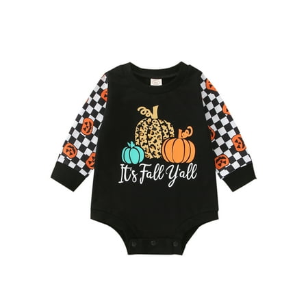 

One opening Baby Girls Boys Halloween Romper Tops Long Sleeve Round Neck Letter Pumpkin Print Patchwork Playsuit for 0-24M Toddler Kids