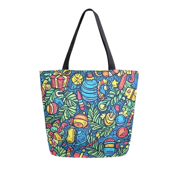 Large opening canvas tote bag, thickened canvas shopping bag, commuter handbag, multi-color available. Colorful Hand Drawn Xmas Pattern