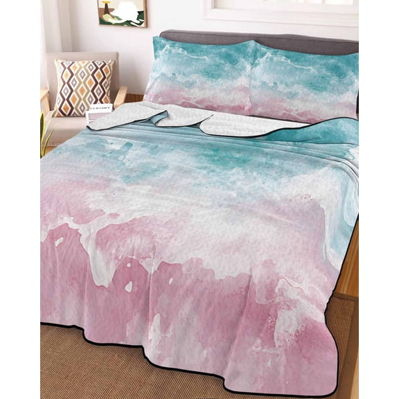 Turquoise Pink Coastal King Size Down Alternative Comforter, Lightweight Comforter Quilt Bedding Set with Pillow Shams Summer Beach Nautical All Seasons Bed Comforter Duvet Insert 96"x106"