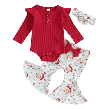 

Otqutp Elastic Waist Outfits Set for Toddler Baby Girl Christmas Suit Clothes Loog Sleeve Ruffle Top Flare Rainbow Pants Set Baby Bell Bottoms Outfits(Red 6-12 Months)