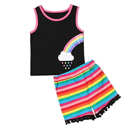 Styles I Love Baby Twin Girl Matching Rainbow Tank Top with Pom Pom Shorts 2pcs Best Friend Inspired Outfit (Right Rainbow, 80/6-12