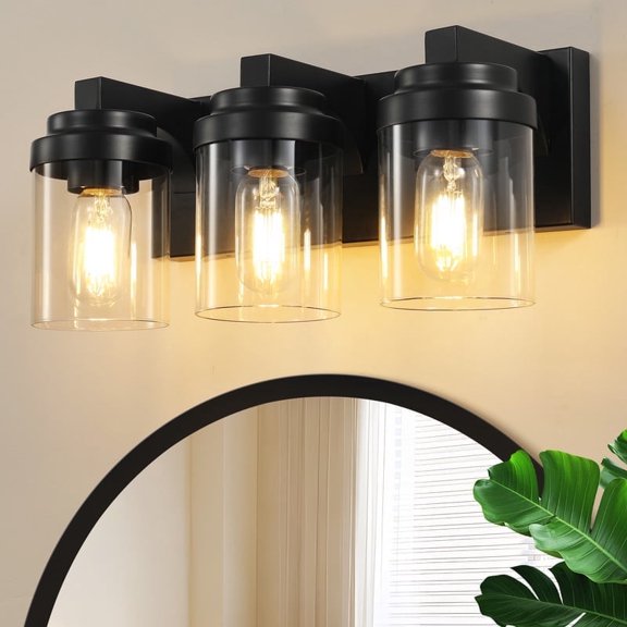 GCGAFUL 3-Light Matte Black Dimmable Bathroom Vanity Lights over Mirror With Clear Glass Shade for Bedroom, Hallway, Living Room