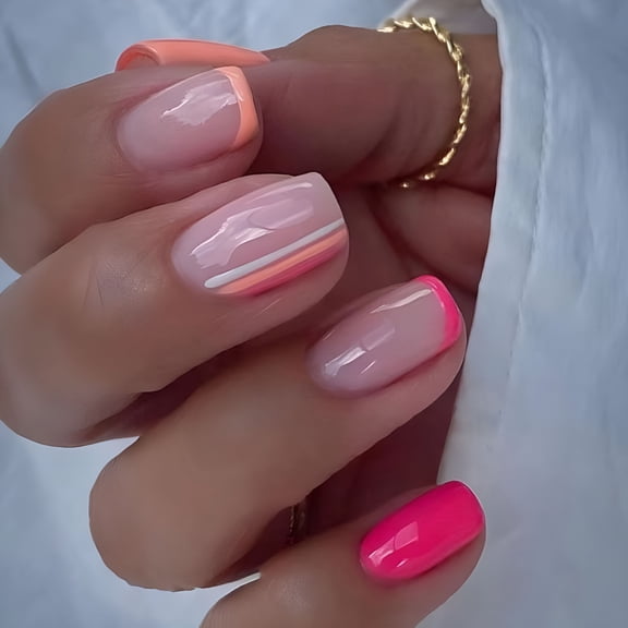 RAGUPEL 24 Pcs Short Square Press on Nails, Hot Pink French Tip with Colorful Swirls, Glossy Fake Nails with Adhesive, Reusable Nail Art for Women