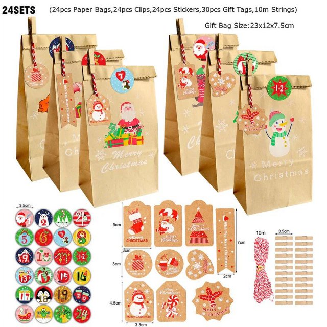 Bolsa de regalo de Navidad, embalaje Popular de Papel Kraft con calendario de Adviento, 24 juegos