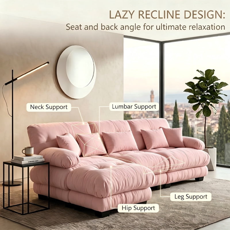 ANPPORT Cloud Couch Sleeper Sofa, Chenille Pink 3-Seater Modular Sofa with 1 Ottomans, 3 Lumbar pillows, 2 Pillows, Comfy Deep Seat Cloud Sofa, Convertible L-Shaped Floor Couch for Living Room