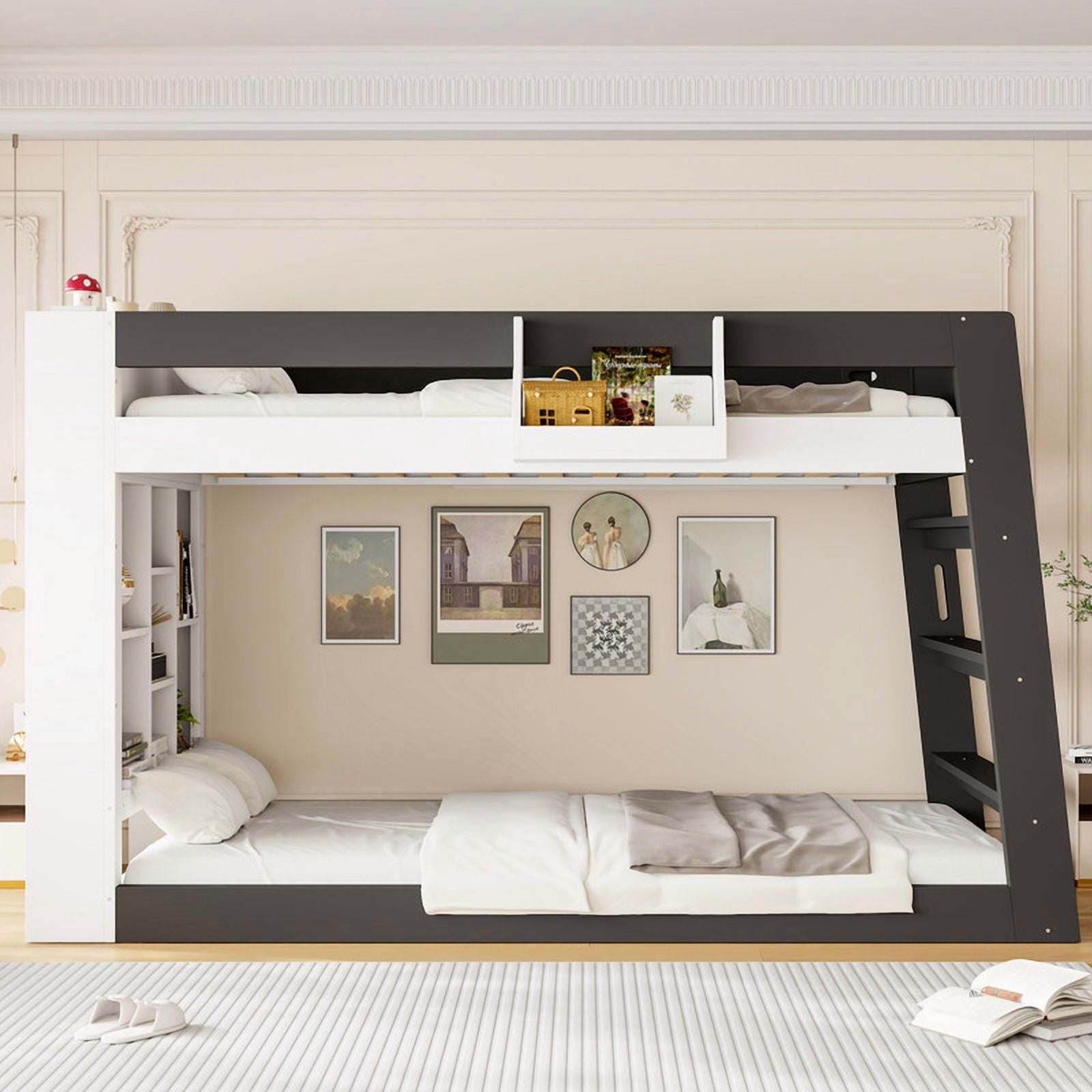 Twin-Over-Twin XL Kids/Teens Bunk Bed with Open Shelves & Guardrail, Accent Two-Tone Wood Storage Bed Frame with Bedside Rack