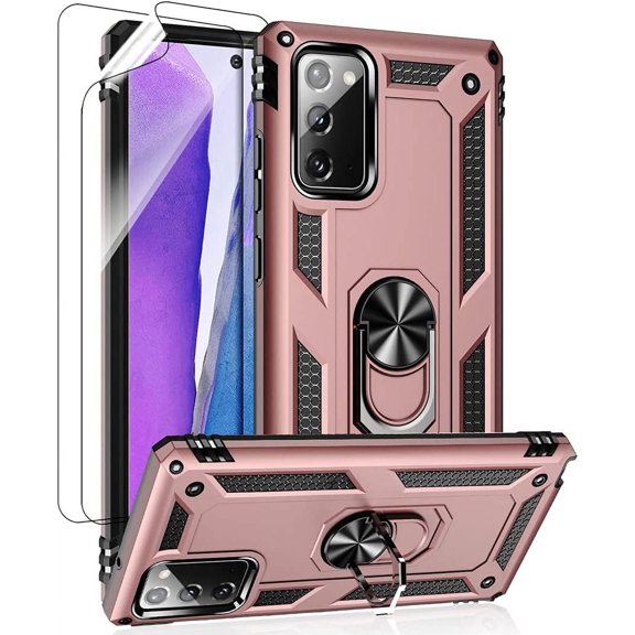 for Samsung Galaxy Note 20 Case, Note20 5G Case with HD Screen Protectors, Military-Grade Metal Ring Holder Kickstand 15ft Drop Tested Shockproof Cover Case for Samsung Galaxy Note 20 Rose Gold