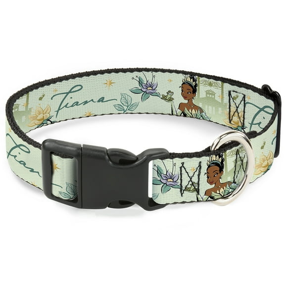 Disney Pet Collar, Dog Collar Plastic Buckle, The Princess and the Frog Tiana Palace Pose with Script Green, 7 to 8.5 Inches 0.5 Inch Wide