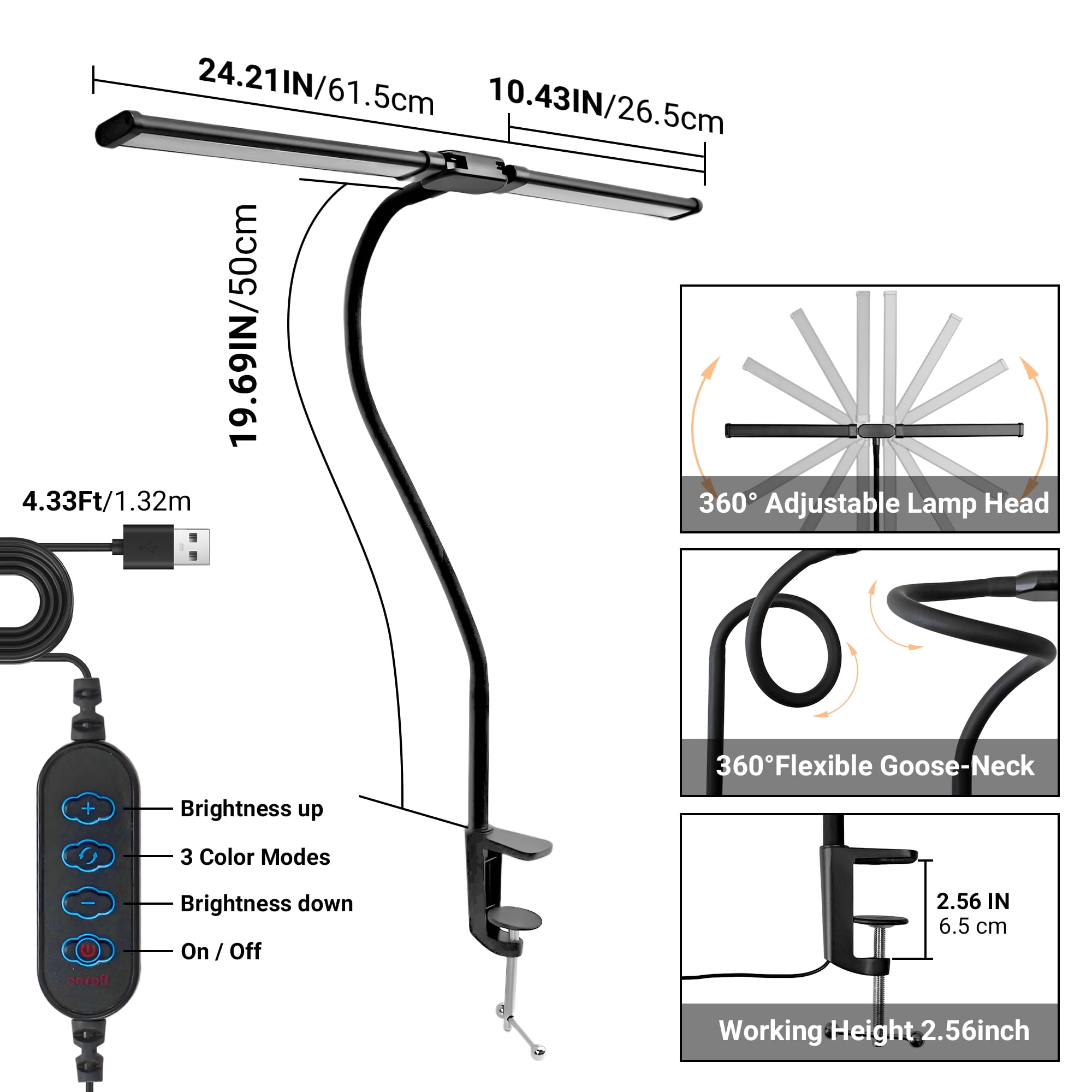 DAYBETTER LED Clip-on Desk Lamp, Double Head Reading Light, Dimmable USB Port Desk Light, 12W & 3 Color, for Home, Office,Studying