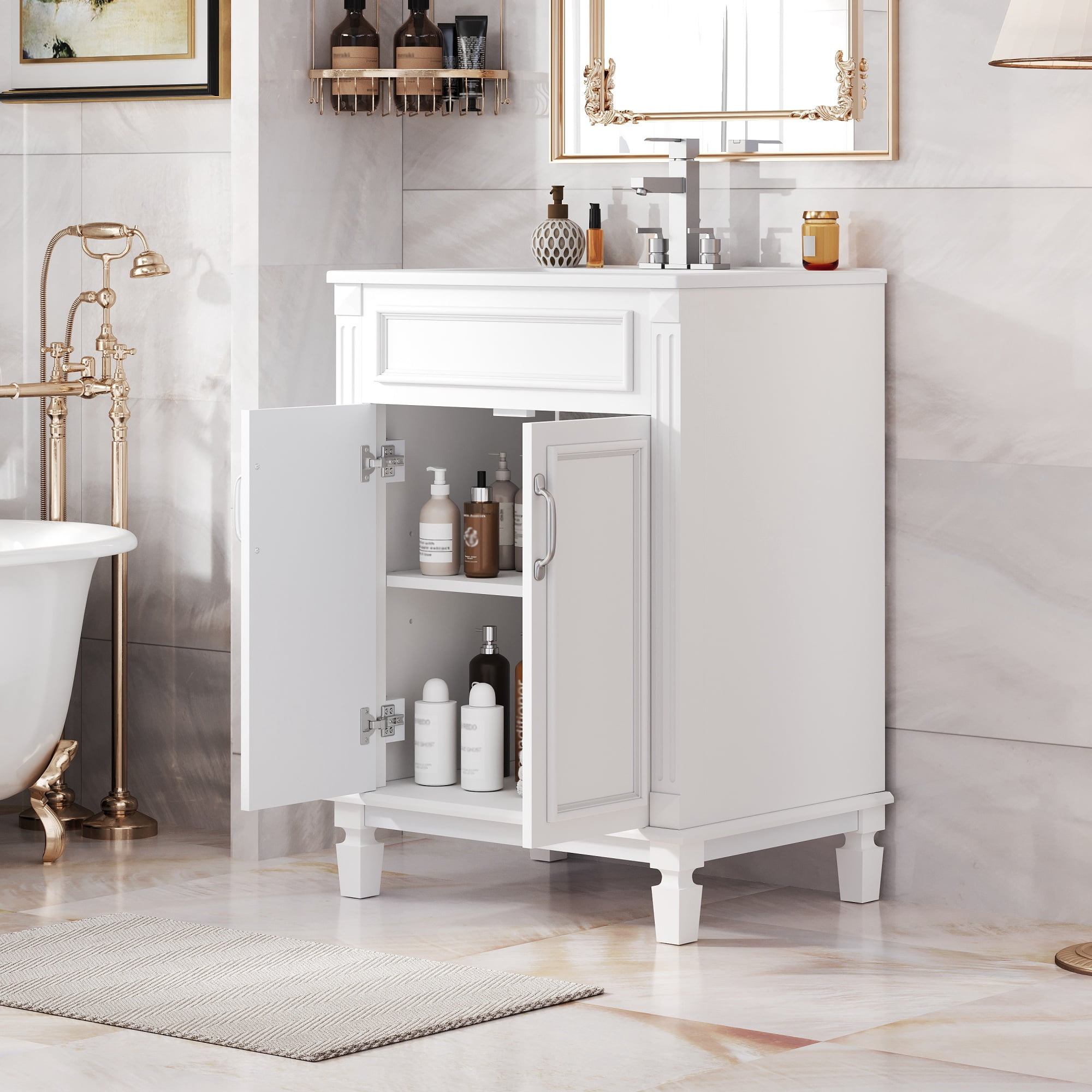 Euroco 24'' Bathroom Vanity with Top Sink, Modern Bathroom Storage Cabinet with 2 Soft-Closing Doors and Adjustable Shelf, Solid Wood Frame