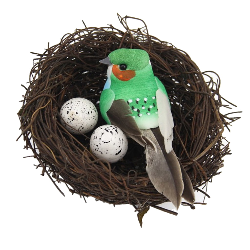 Artificial Feathered Birds With Eggs & Nest Sculpture For Home Garden Decoration 