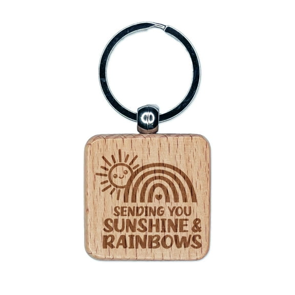 Sending You Sunshine and Rainbows Square Keychain Charm Tag - Engraved Wood
