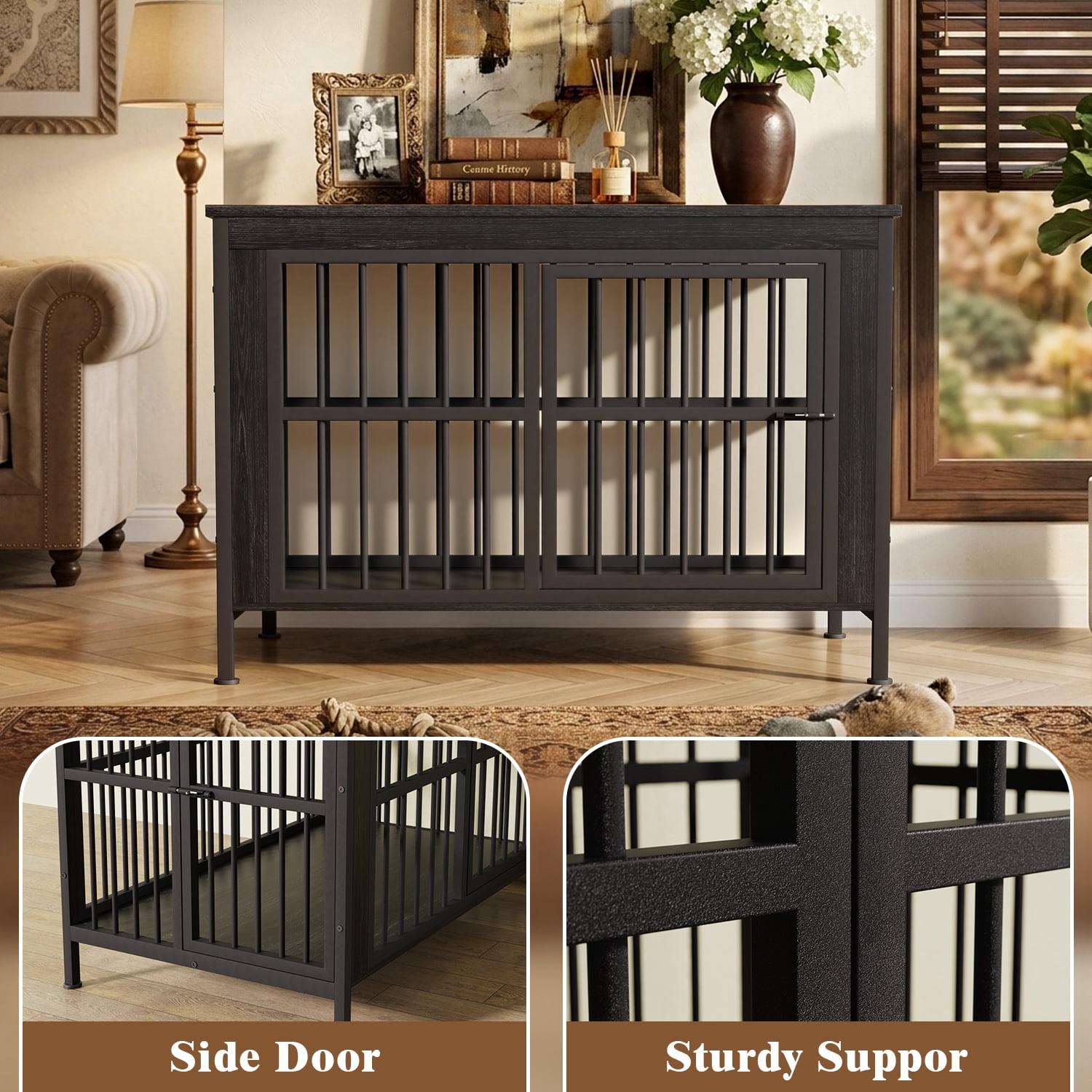 Ironovahome 45" Dog Crate Furniture for Medium/Large Dogs, Heavy Duty Wooden Dog Crate with Double Doors & Safe Locks, XL Large Indoor Dog Kennel Pet House, Black