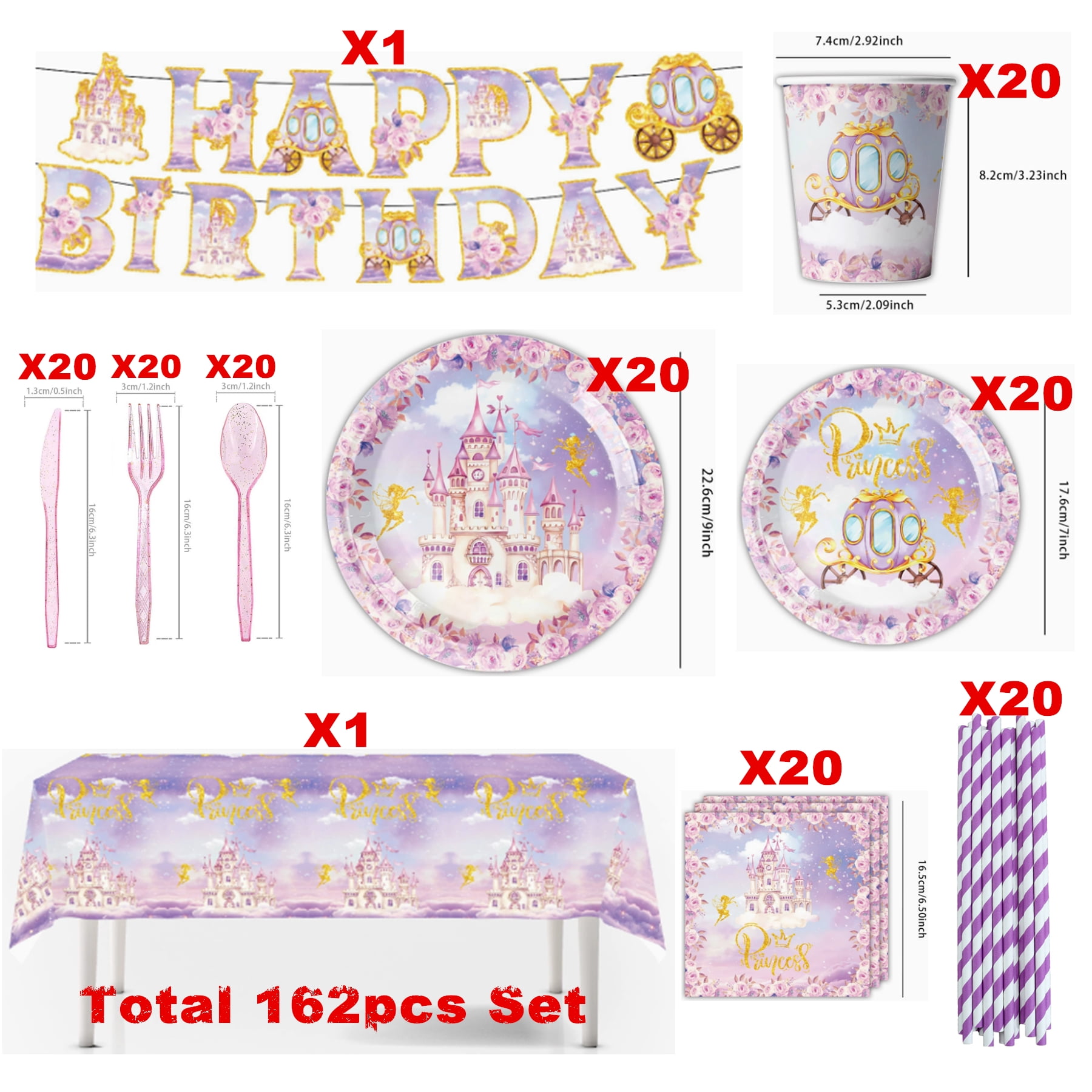 162pcs Princess Party Decorations Castle Crown Carriage Paper Plates Napkins Disposable Tableware Set Paper Cups Watercolor Floral Glitter Princess Birthday Party Supplies Serves 20 Guests