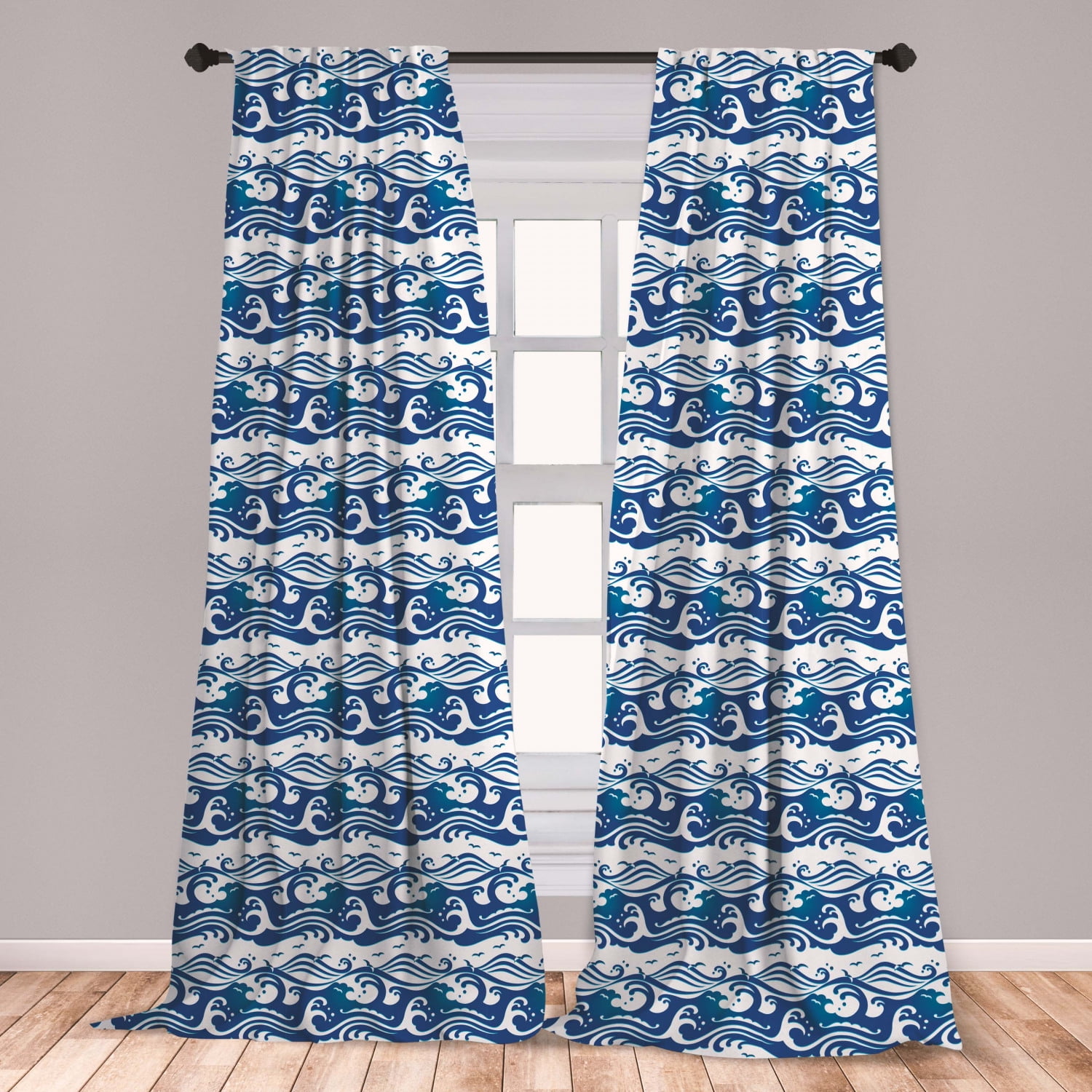 Blue and White Curtains 2 Panels Set, Stormy Ocean with Swirling Waves and Flying Seagulls in