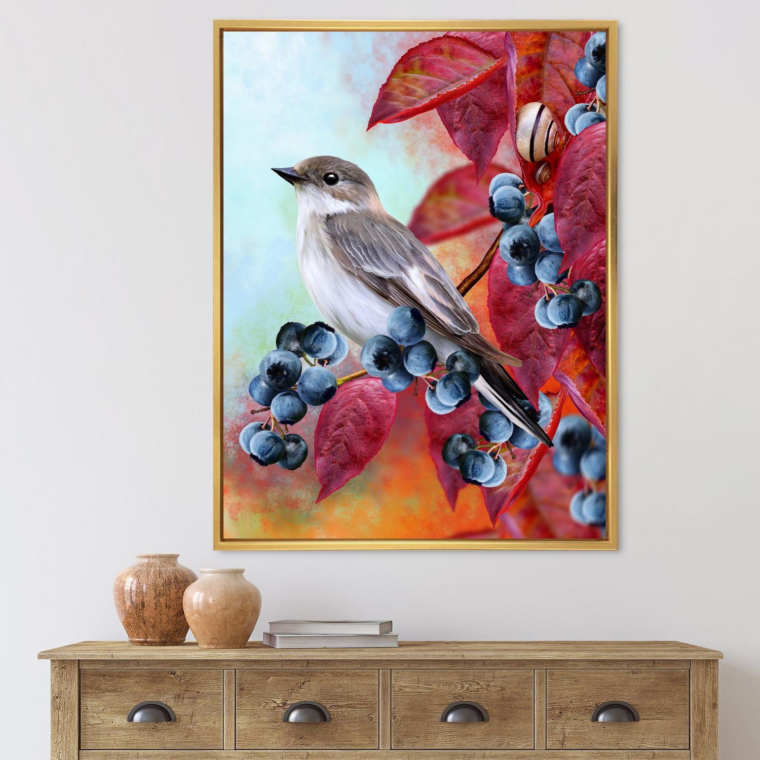 Designart Little Gray Bird On Red Autumn On Blueberry Twig FLOAT FRAME WALL ART