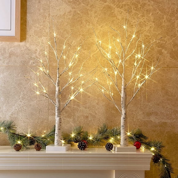 KOMI Christmas Decorations Indoor, 2 FT Birch Tree with LED Lights, Fairy Light Spirit Tree for Christmas Decor, Warm White Lighted Birch Tree for Home Decor Indoor, Battery Powered, Timer (2PK)