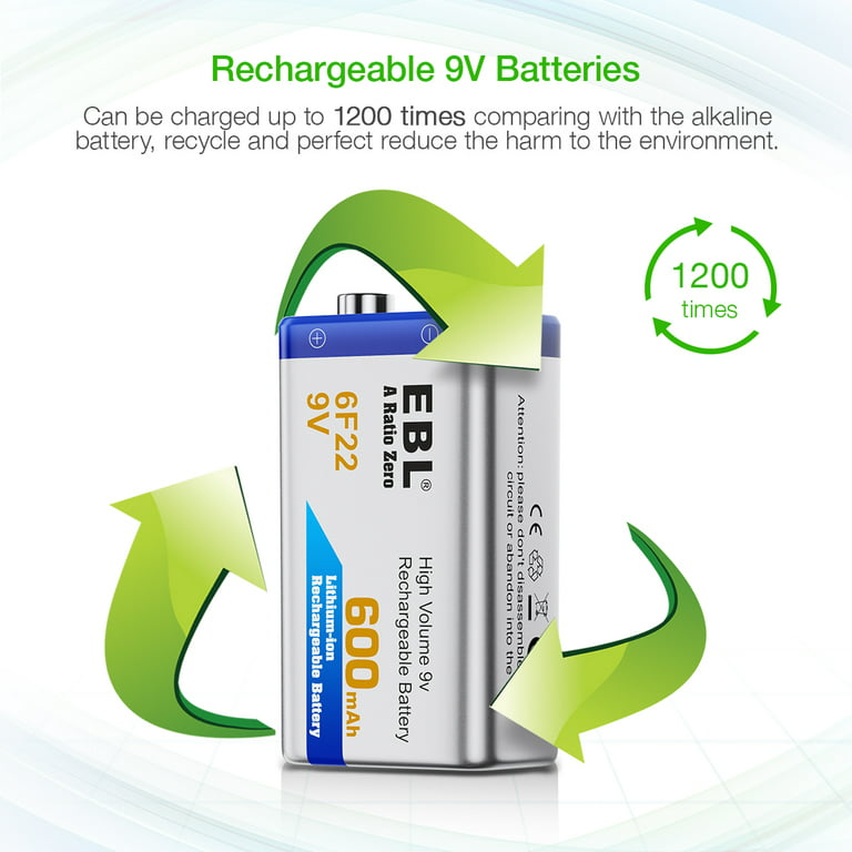 EBL 4-Pack 9V Batteries Li-ion 9 Volt Rechargeable Batteries with