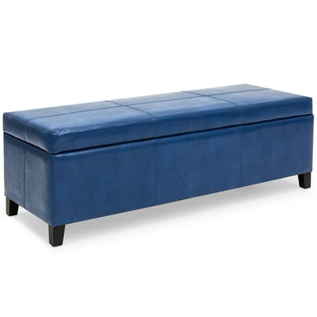 Upholstered Bench Stool Best Choice Products Upholstered Faux Leather Storage Ottoman Stool Seat Coffee Table Bench for Living Room, Bedroom, Entryway w/ Wooden Frame - Blue ()