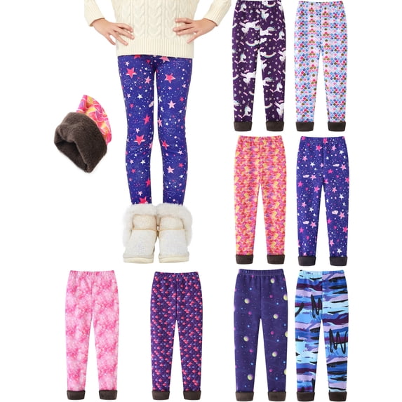 2-13Years Kids Girl's Stretchy Printed Leggings Thick Winter Warm Fleece Lined Pants
