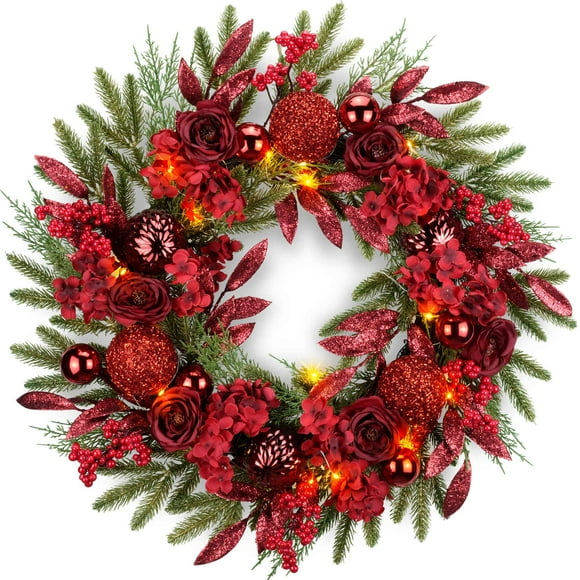 YULETIME 24" Christmas Wreath, Artificial Holiday Wreath with Baubles, Berries, Leaves, Spruce Branches, Snowy Pine Needles (Red Hydrangea)
